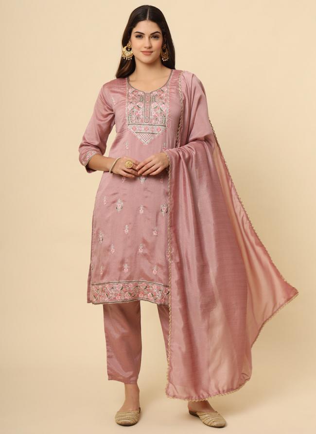 Silk Blend Pink Casual Wear Embroidery Work Readymade Kurti Set